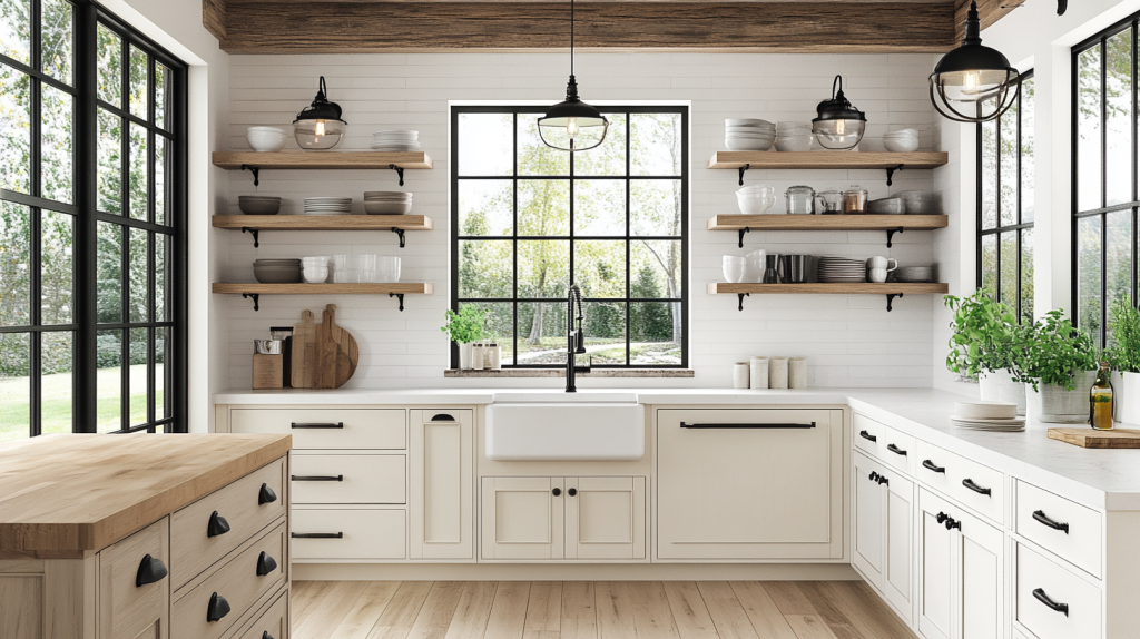 Bright modern farmhouse kitchen with creamy white shaker cabinets, open wood shelving, a white apron-front sink, black metal pendant lights, exposed ceiling beams, and a butcher-block island on light hardwood floors.