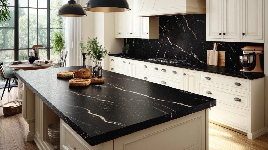 Modern kitchen with cream cabinets, white marble countertops, gold hardware, large windows, and elegant pendant lights.