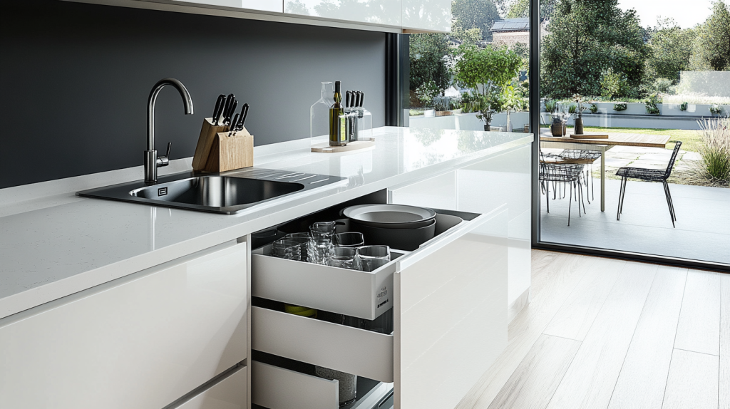 Bright contemporary kitchen featuring glossy white soft-close cabinets with drawers slightly ajar, showcasing their smooth, silent operation.
