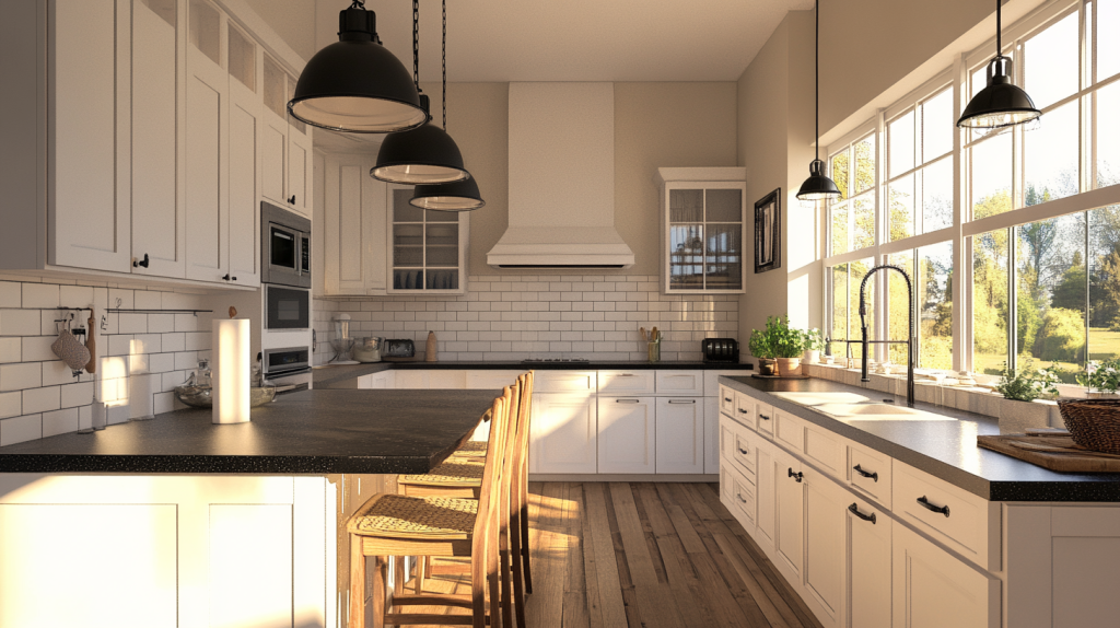 Sunlit kitchen with white cabinets, black countertops, subway tile backsplash, and large windows in a Modern Urban layout.