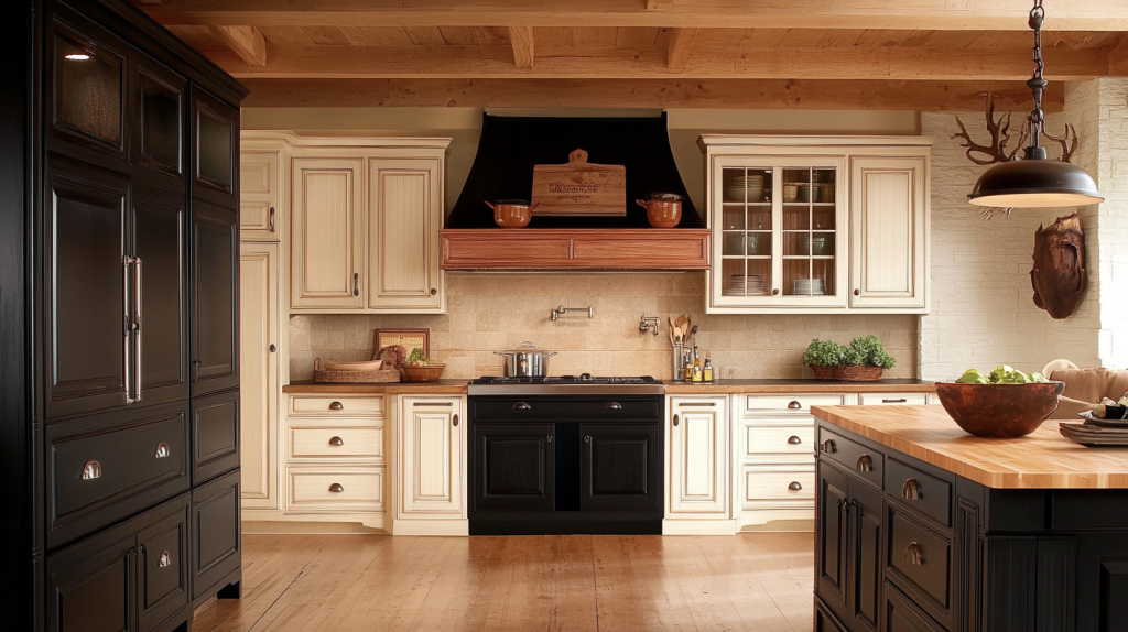 Two tone black and white kitchen cabinets in a bright kitchen with contrasting island and large windows.