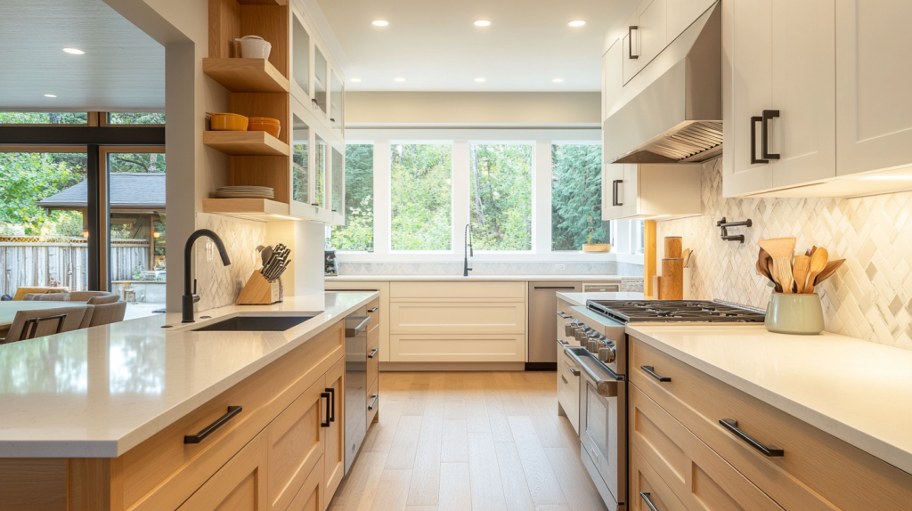 two tone kitchen cabinets with natural wood bases and white uppers in a bright transitional kitchen