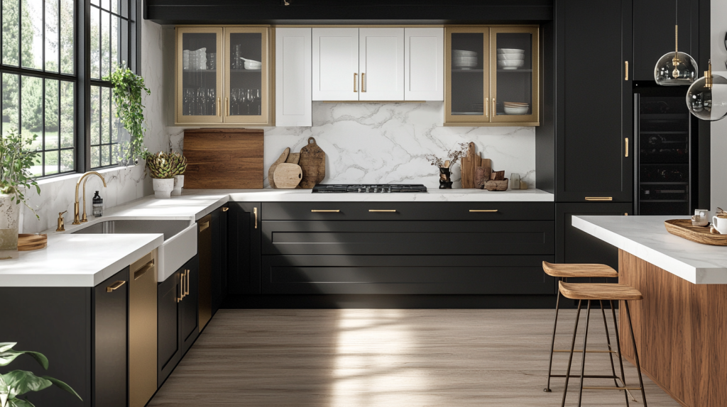 bright two tone kitchen with white upper cabinets and black lower cabinets accented with gold handles and light wood island
