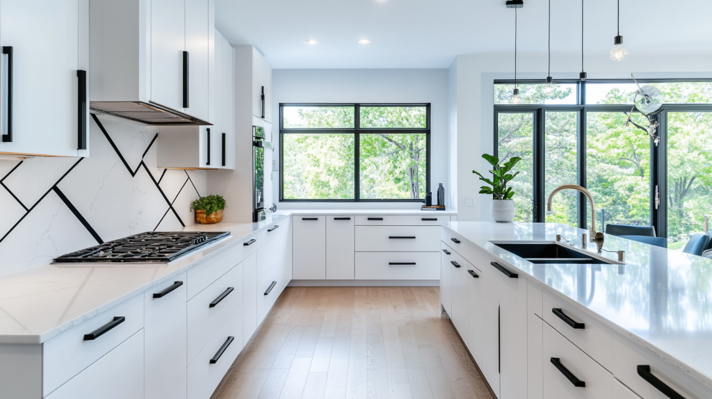 Bright kitchen with white cabinets and black handles paired with large windows overlooking greenery.