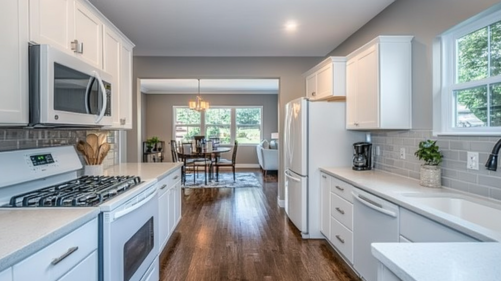 A modern white kitchen with clean lines, ample counter space, and a spacious layout that invites natural light.