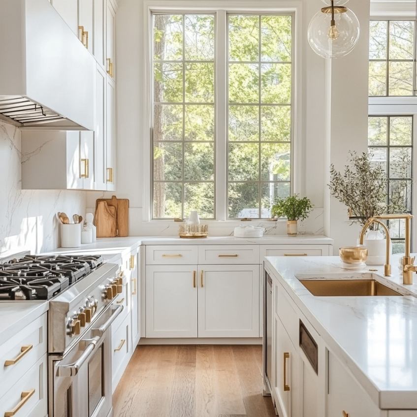 Bright white kitchen with gold cabinet handles, stainless steel appliances, large windows, and light wood flooring creating an open and warm space.