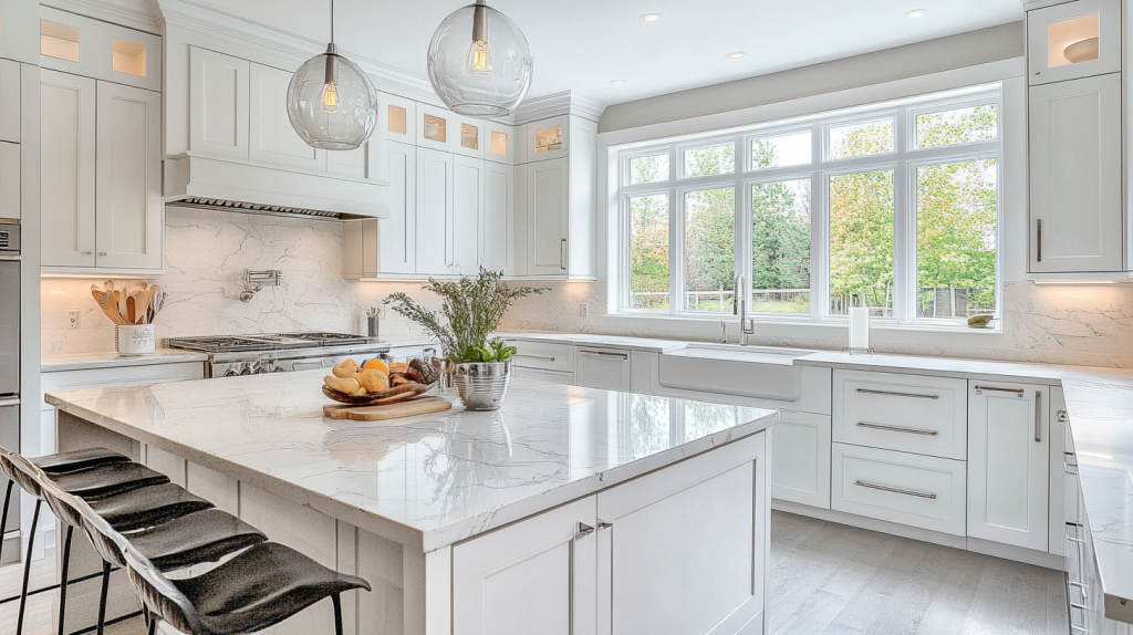 Bright and spacious kitchen with modern white cabinets, marble countertops, and natural lighting. The design includes an elegant island and stylish decor.