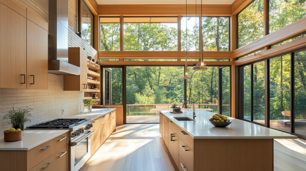 Bright and spacious white oak kitchen with a central island, large windows, and modern fixtures. The design emphasizes clean lines and natural light, making the kitchen feel open and functional.