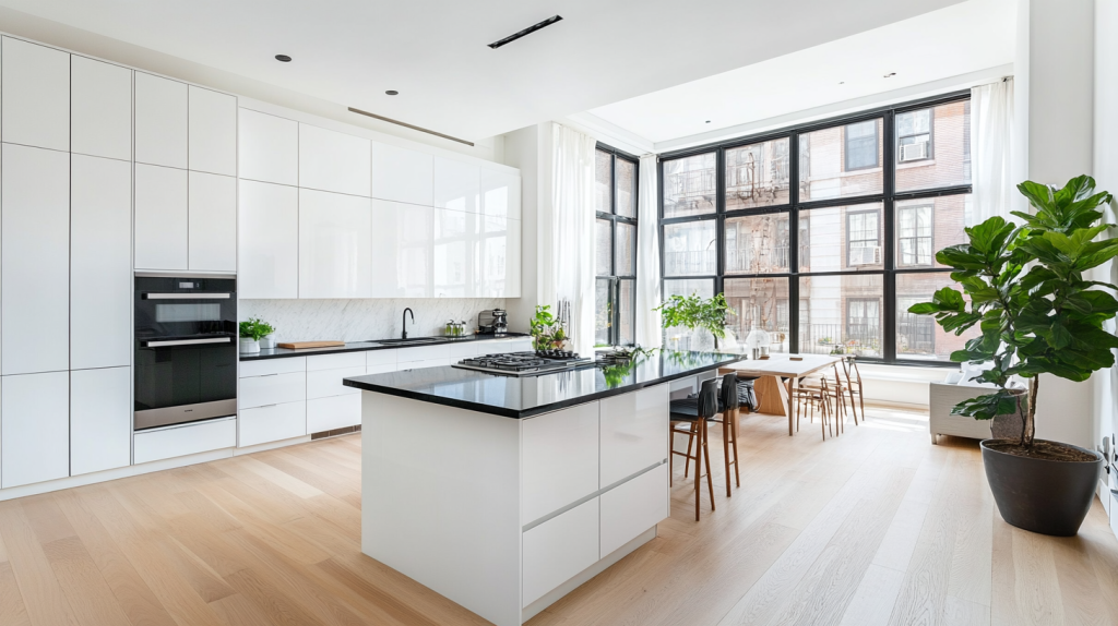 Bright Nordic minimalist kitchen with sleek white cabinets and simple black countertops, large windows allowing natural light and light wood flooring.