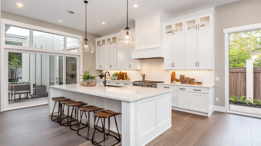 A spacious modern kitchen with white cabinets, a large island, and natural light streaming through large windows, creating a bright and inviting space.