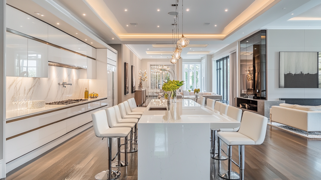 Contemporary kitchen with modern white cabinets, a large white marble island, and minimalist design elements. Clean lines and natural light create a bright, open space.