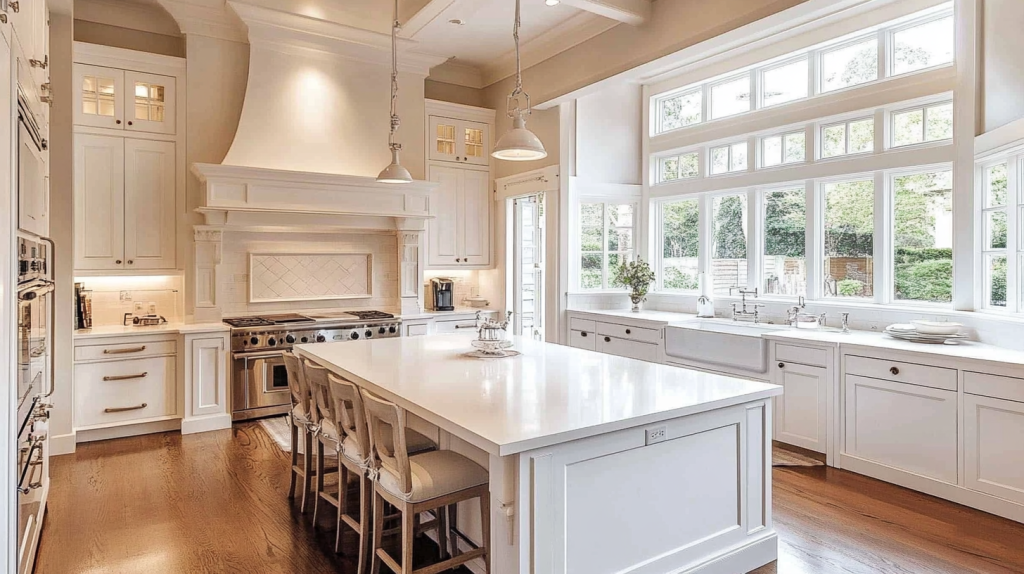 An all-white kitchen with white oak accents, sleek modern cabinetry, and an open layout that creates a spacious, inviting environment.