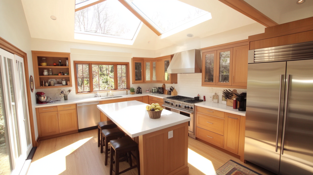 Spacious kitchen featuring white oak cabinets, skylights, and natural sunlight enhancing the bright space.