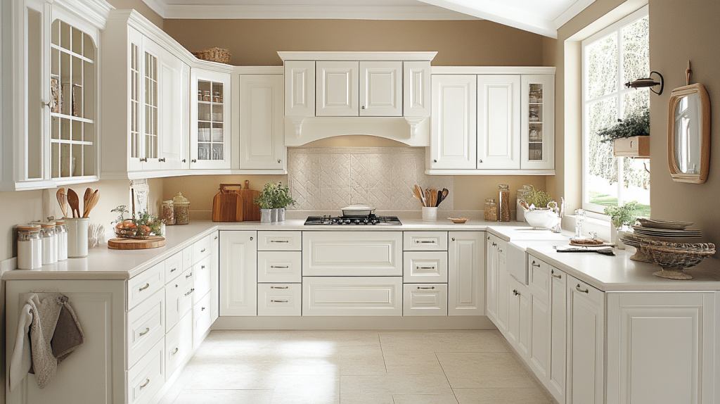 A classic white kitchen featuring elegant white oak accents, with white cabinets and natural light streaming through large windows.