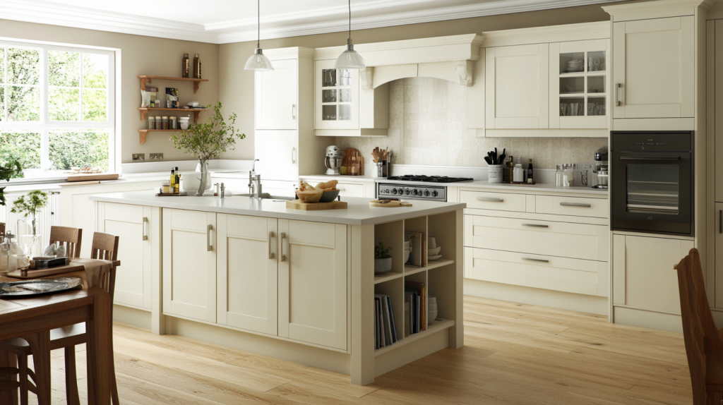 Bright and airy kitchen with modern white cabinets and natural wood accents, featuring a functional island and sleek appliances.