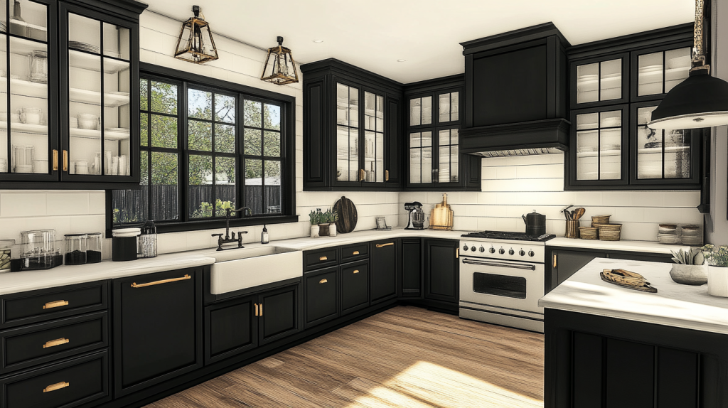 Black kitchen cabinets with gold handles and white countertops in a minimalist design.
