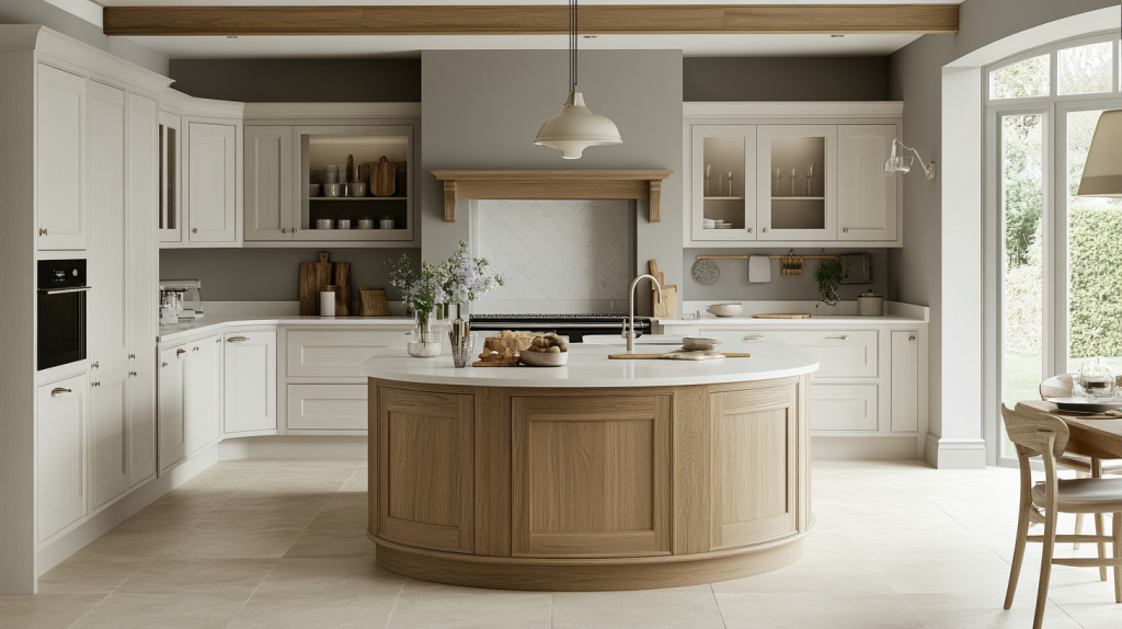 A contemporary kitchen featuring white cabinets with a grey and wood island, combining modern finishes and natural elements.