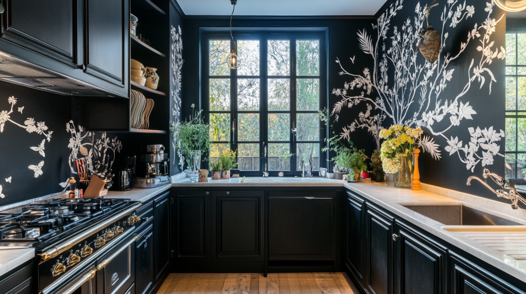 Classic kitchen with black cabinetry and white countertops featuring floral wallpaper accents.