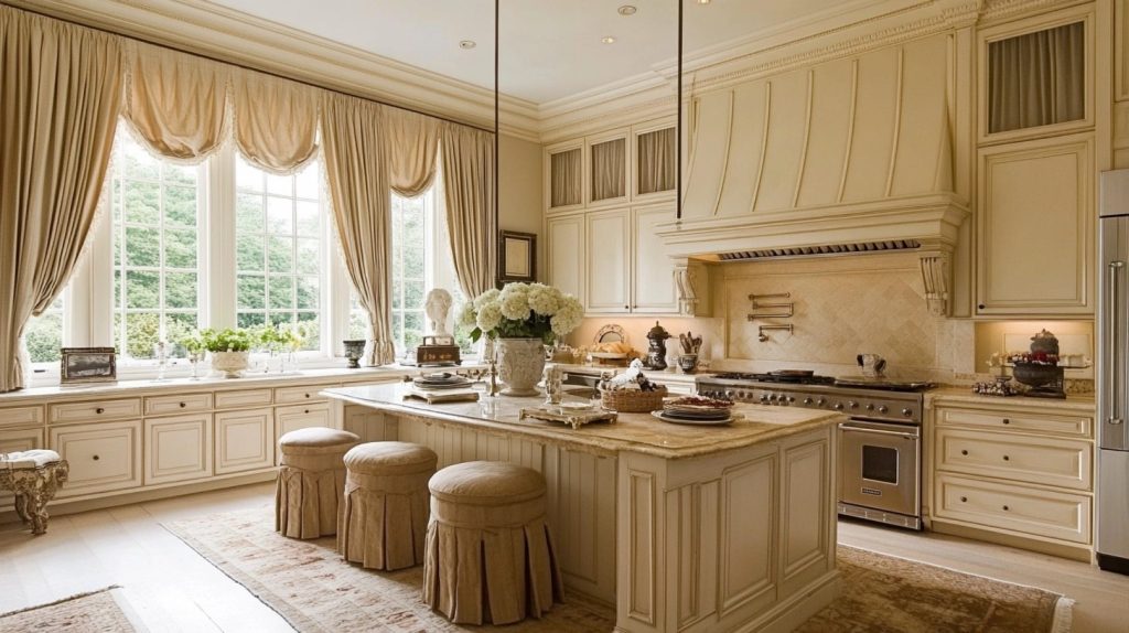 Classic cream kitchen cabinets with ornate moldings and cozy upholstered stools