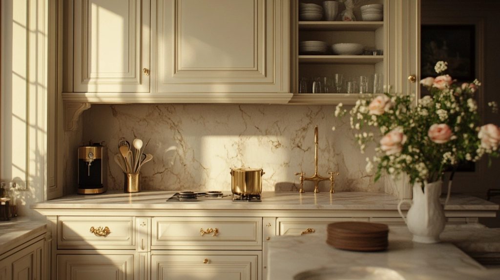 Classic cream kitchen with gold hardware and decorative tile backsplash