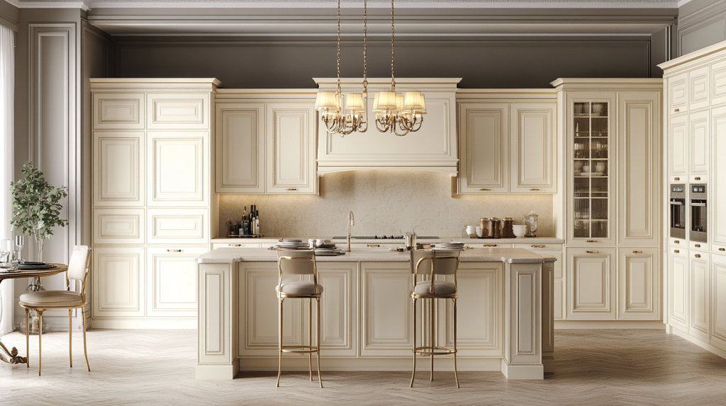Classic kitchen with cream cabinets featuring decorative moldings, black hardware, black countertop, and a large central island under elegant chandeliers.