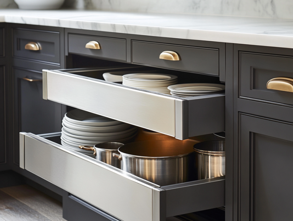 Classic kitchen featuring white and wooden cabinetry, marble countertops, and decorative accents