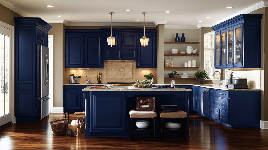 U-shaped kitchen with navy blue cabinets and glass uppers