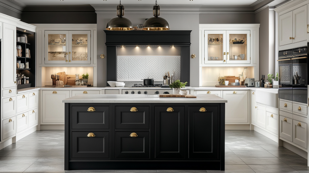 Black and white shaker-style kitchen cabinets with brass handles and under-cabinet lighting.