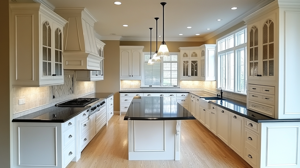 U-shaped kitchen with traditional white cabinets, black countertops, and pendant lights over central island.