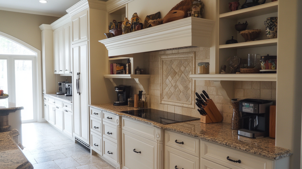 Traditional white kitchen cabinets with open shelves mounted below the upper cabinetry, a granite countertop, and decorative accents.