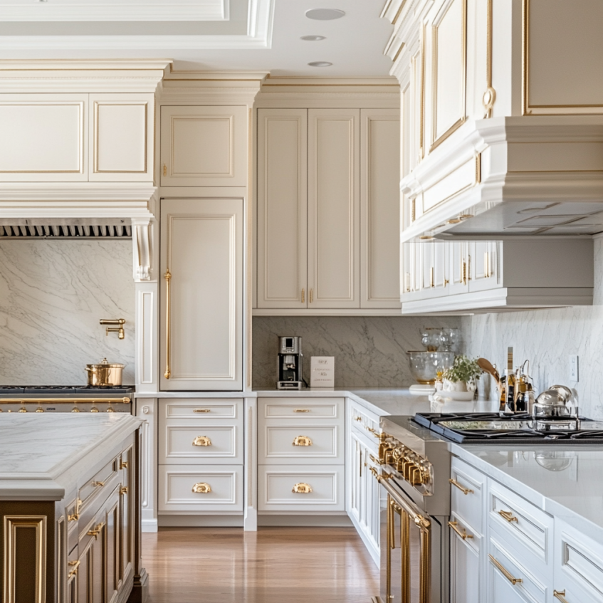 Classic white kitchen cabinets featuring elegant gold crown molding and detailed paneling.