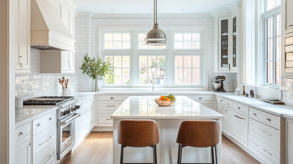 A white kitchen with elegant marble countertops, sleek white cabinets, and a sophisticated design that combines classic and modern elements.