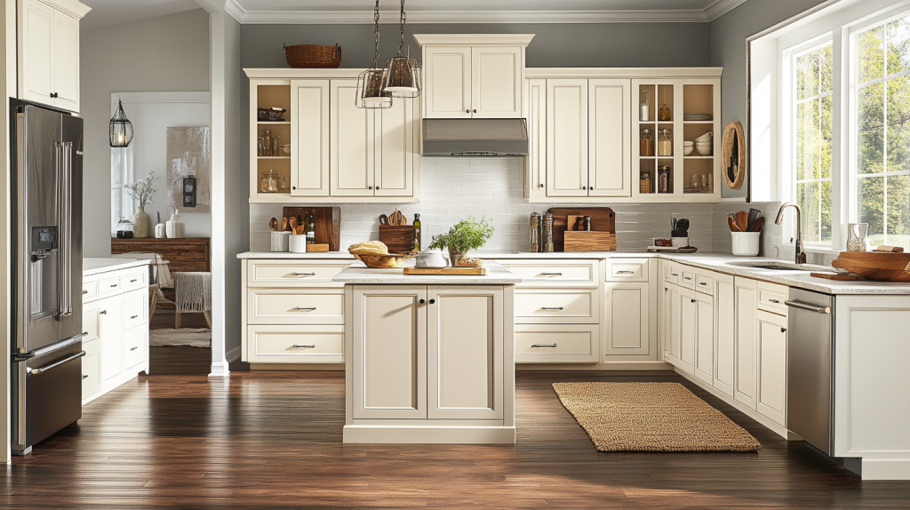 A spacious transitional kitchen with white shaker-style cabinets, a central island, and stainless-steel appliances.