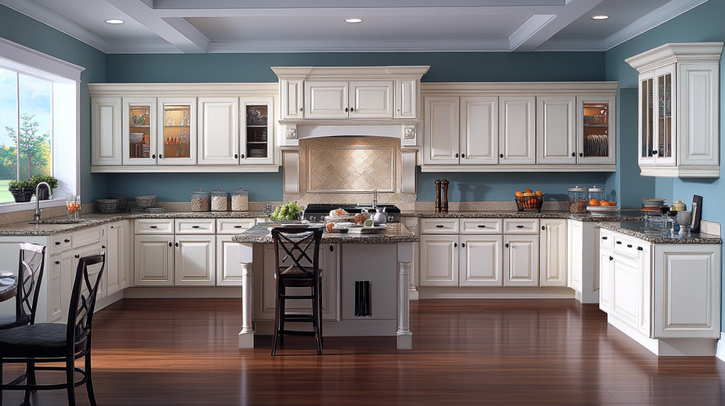 Elegant kitchen with classic white shaker-style cabinets and granite countertops. The design features open shelving, large windows, and a functional island.