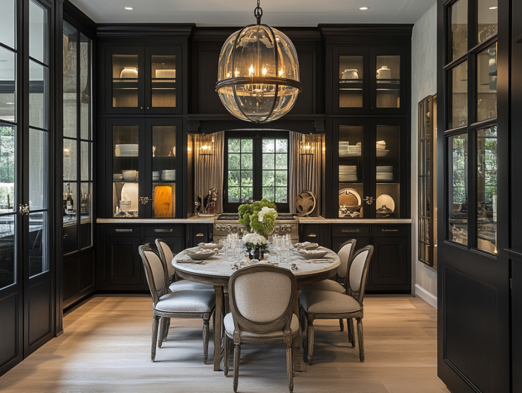 Elegant kitchen with black cabinetry featuring clear glass doors, built-in lighting, and a round dining table with upholstered chairs