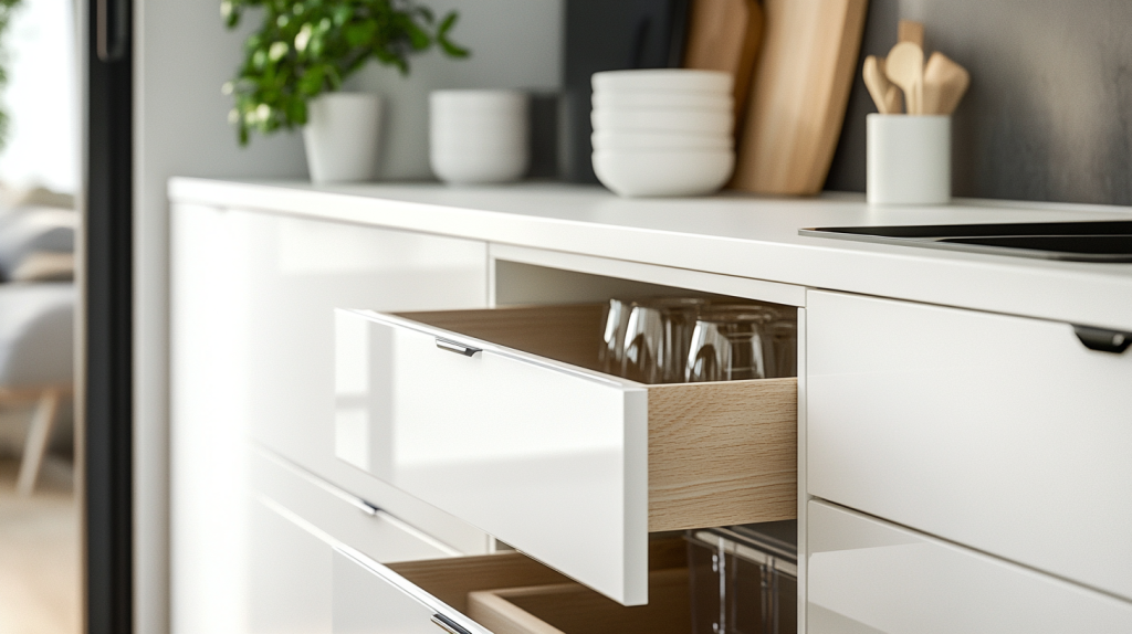 Close-up of a white kitchen drawer with a wood-grain interior sliding smoothly on soft-close hardware.