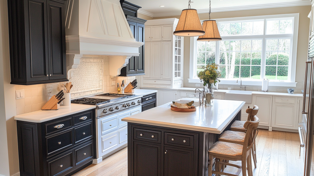 A compact small kitchen featuring a black island that stands out against white perimeter cabinets, creating a balanced design.