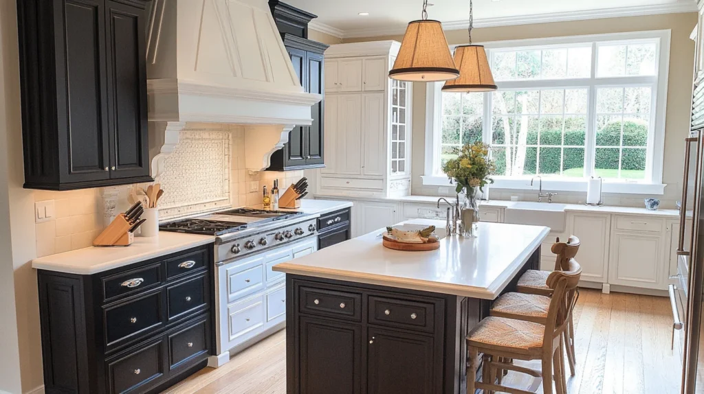 A compact small kitchen featuring a black island that stands out against white perimeter cabinets, creating a balanced design.