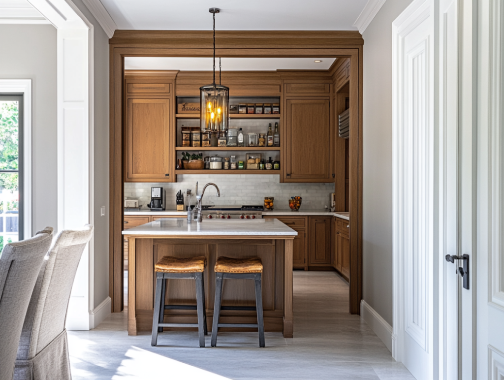 Small kitchen with built-in wooden cabinets, center island, and open shelving pantry.