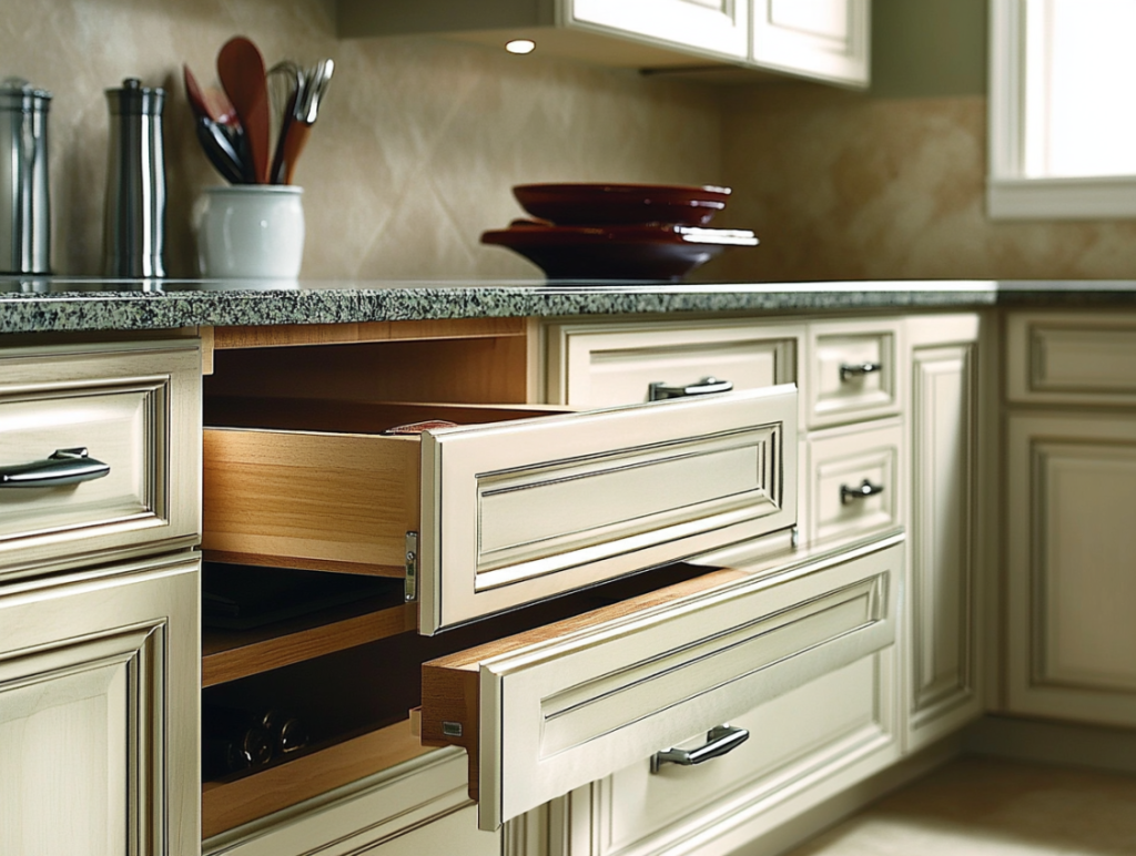 Modern kitchen drawers and cabinets featuring concealed hinges and smooth drawer slides for a clean, seamless appearance