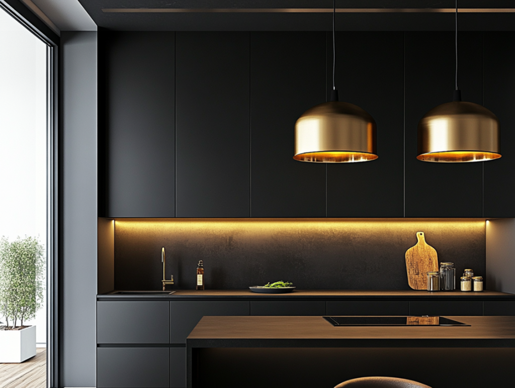 Contemporary kitchen with black cabinetry, gold pendant lighting, and warm under-cabinet lighting creating an inviting ambiance.