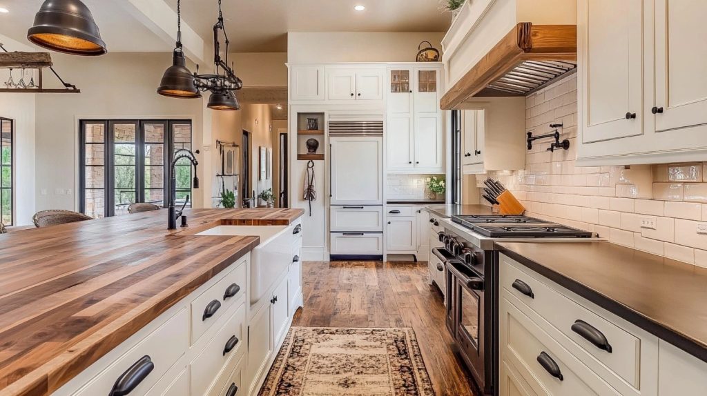 Contemporary cream kitchen with white countertops and open wooden shelves