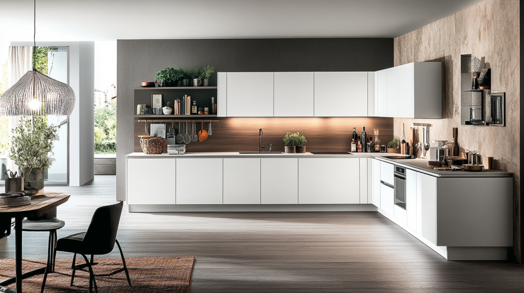 Contemporary kitchen with glossy white flat-panel cabinets and warm wood accents. The sleek design is complemented by stylish lighting and an organized workspace.