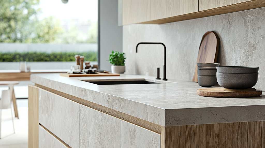 Modern kitchen with white oak cabinets and marble countertops featuring open shelving and natural light.