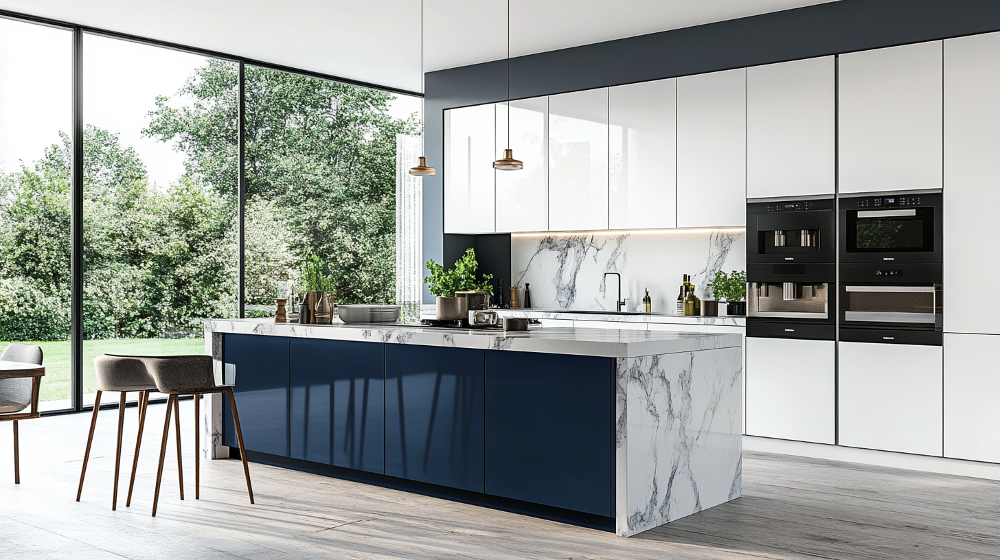 Contemporary kitchen featuring glossy navy blue kitchen island with marble sides, white cabinetry, and minimalist pendant lighting.
