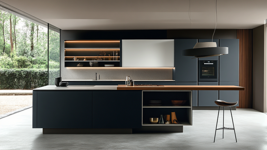 Minimalist navy blue kitchen with open shelving and accent lighting