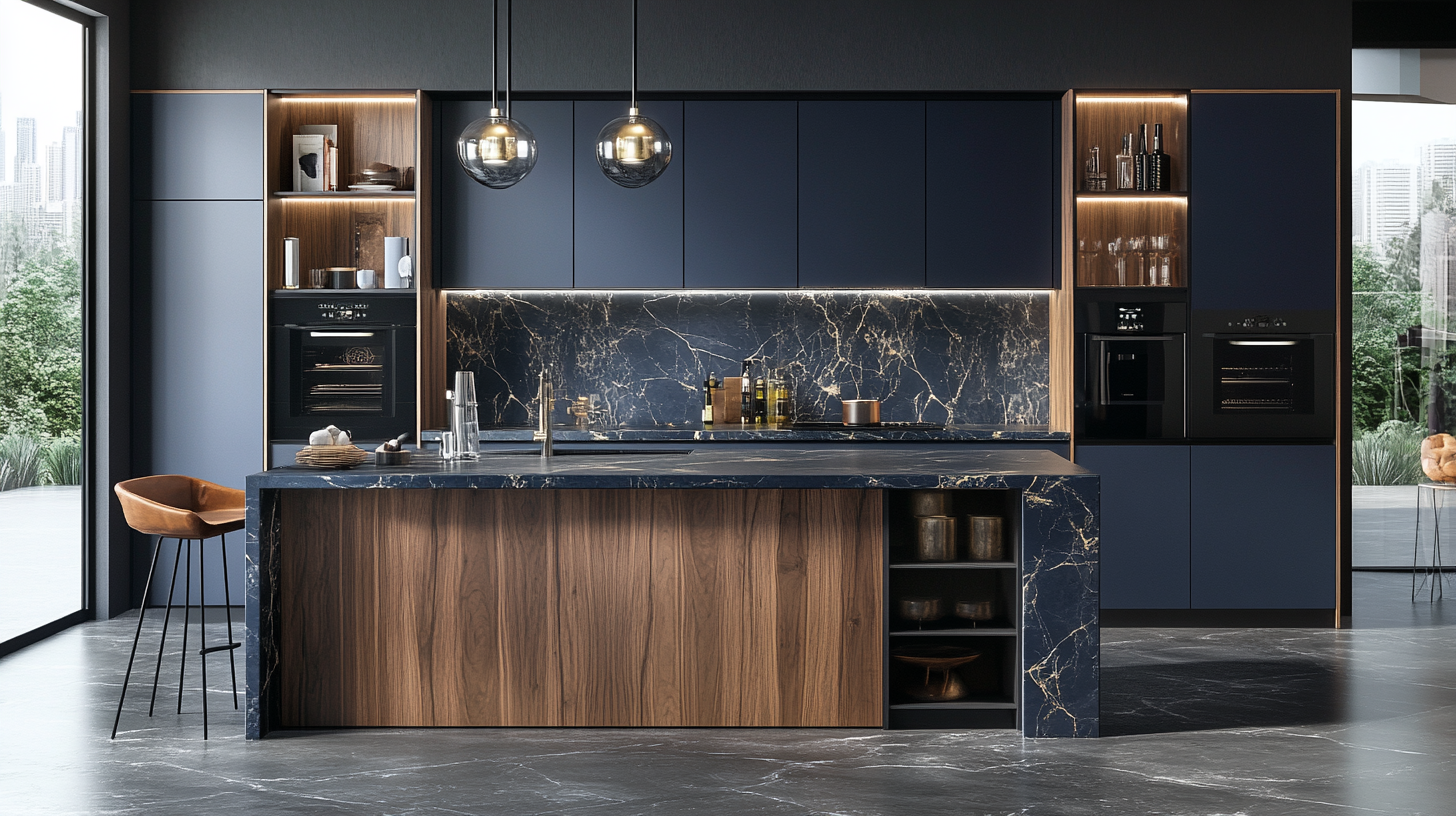 Sleek modern navy blue kitchen with wood accents and marble backsplash