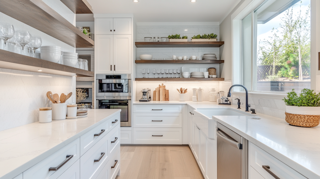 Contemporary kitchen design featuring white kitchen cabinets, a large central island, and stylish lighting. The space is airy and organized, with natural light streaming through large windows.