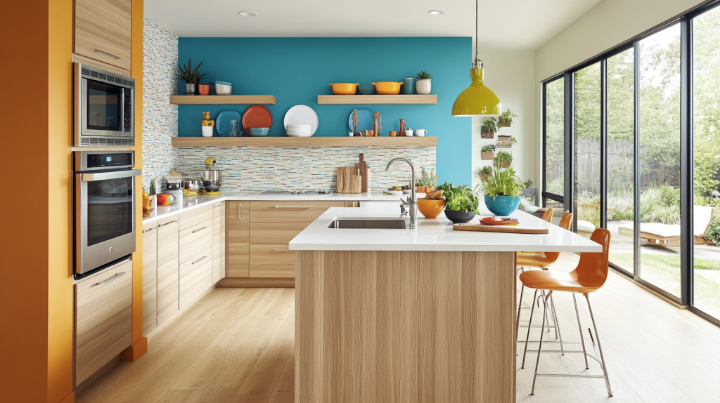 Bright and contemporary kitchen with white oak cabinets and colorful decor accents