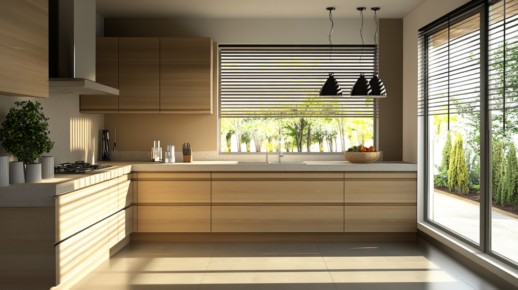 White oak kitchen with sleek, handle-less cabinetry and a spacious countertop. The design is contemporary with natural light streaming through large windows, creating a bright and inviting atmosphere.